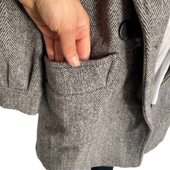 Herman Kay Vintage Pea Double Breasted Coat With Red Scarf Herringbone Tweed Siz - Picture 9 of 15